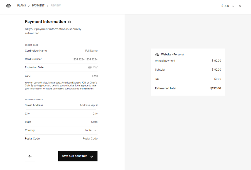 Squarespace -Payment Information
