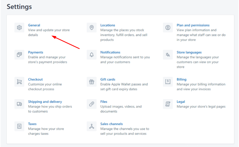 How To Change Shopify Store Name - Select General Option