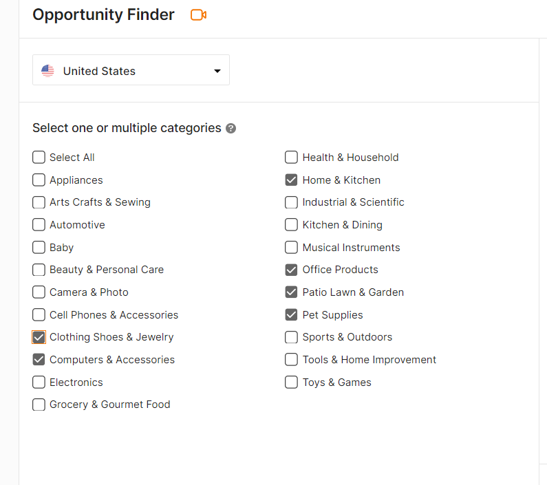 Selecting Categories On Opportunity Finder