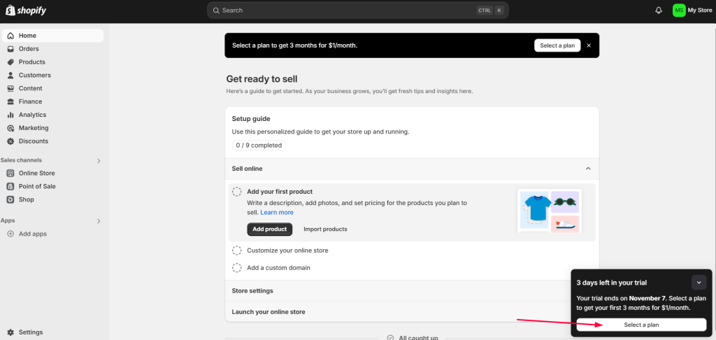 Click On Select A Plan On Shopify