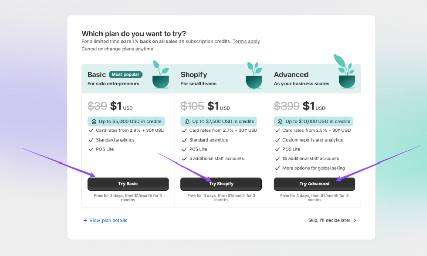 Select The Shopify $1 Three-month Trial Plan