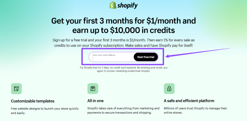 Shopify 3 Month Trial Page 