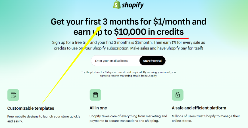 Shopify 3 Months For $1 Trial Page 