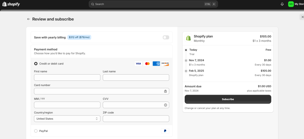 Shopify Checkout Page For Trial