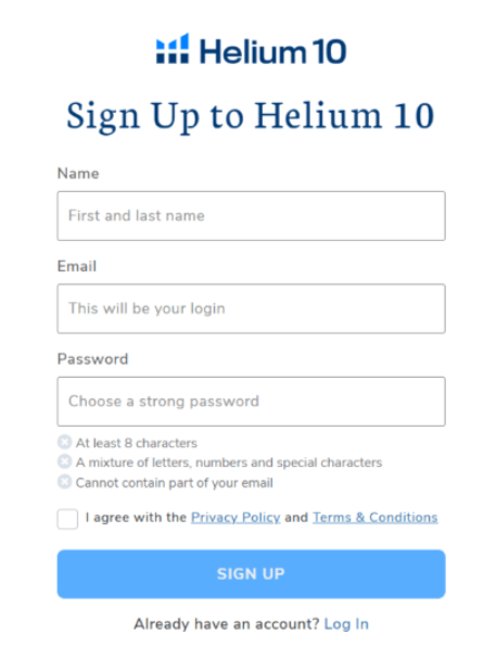 Helium 10 Signup Page