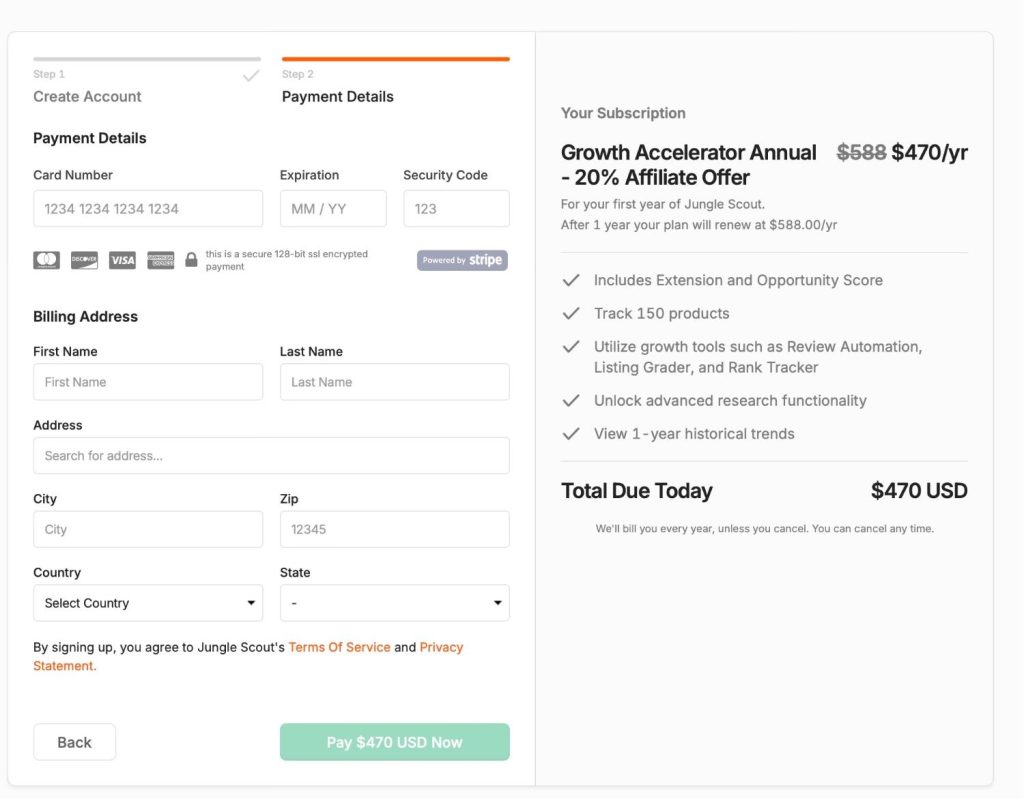 Fill Payment Details on Jungle Scout Checkout Page